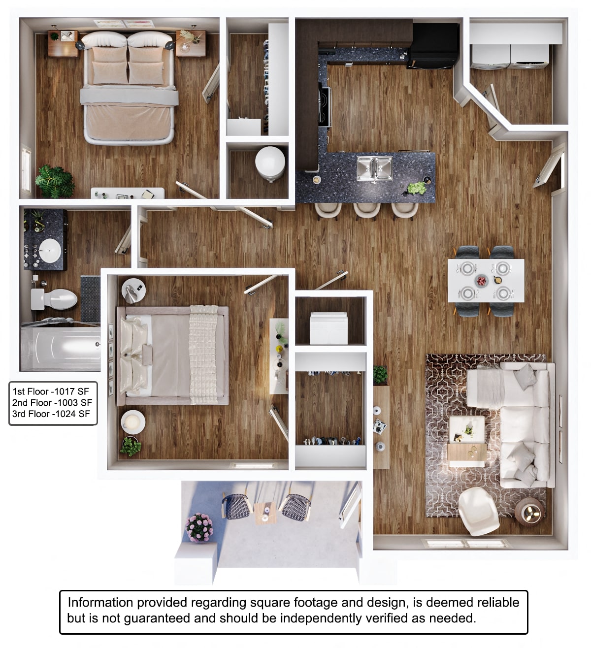 Floor plan for 2 beds, 1 bath, 1024 sqft